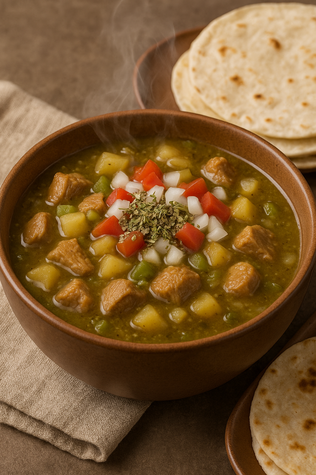 Steaming bowl of green chile stew